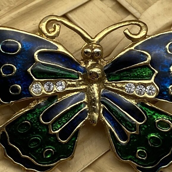 Vintage Butterfly Brooch Pin Green Blue Enamel Rhinestone Goldtone Boho Hippie - Picture 3 of 6